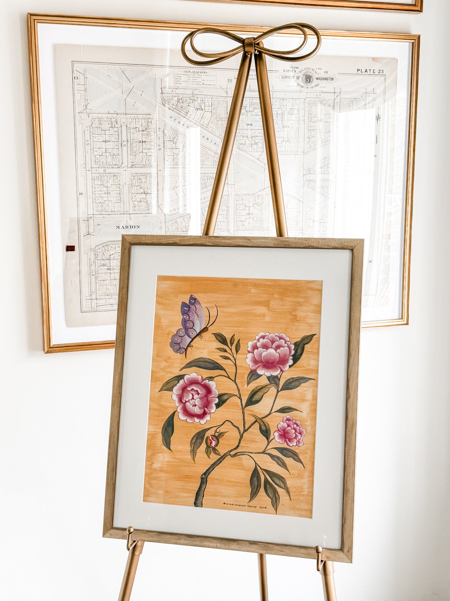 Chinoiserie Pink Peonies with Butterfly over Gold