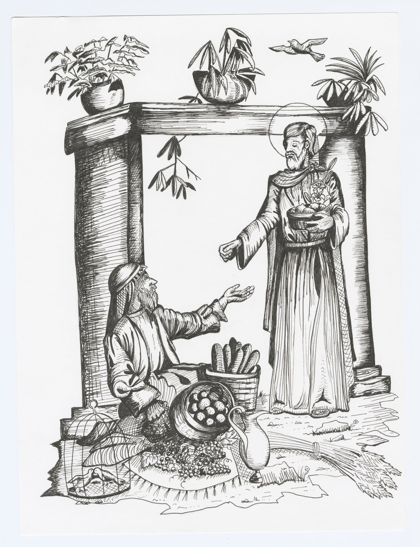 St. Joseph Out for Groceries Ink Drawing