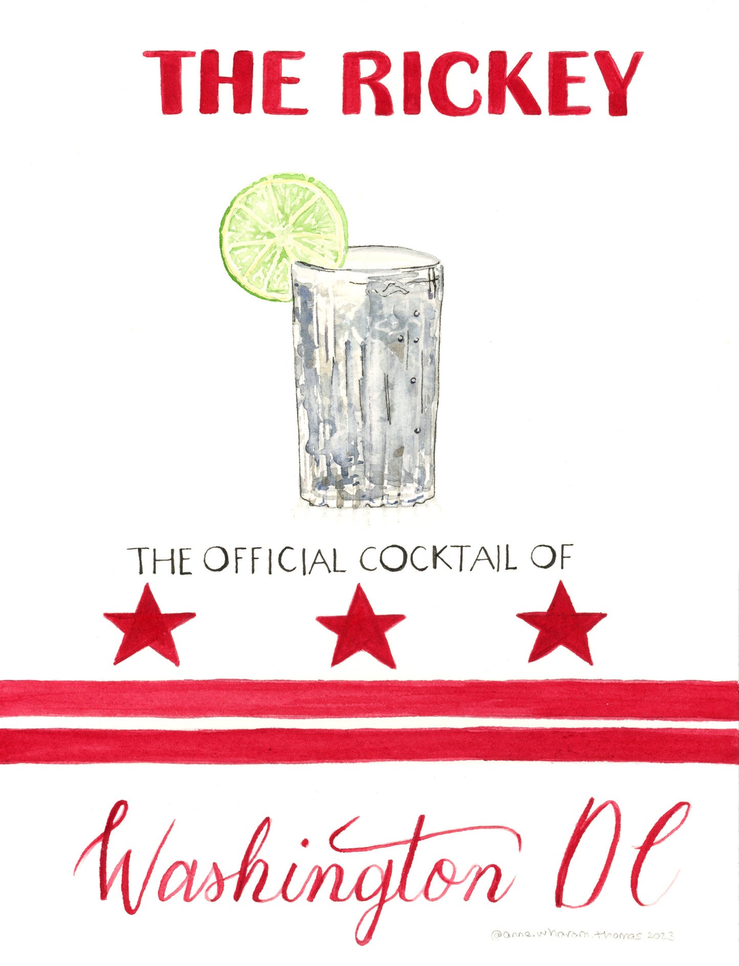 Fine art print for 'The Rickey' cocktail, featuring a glass with a lime wedge on a white background. celebrating Washington DC's vibrant cocktail scene.