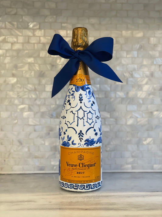 hand painted champagne bottle chinoiserie inspired monogram