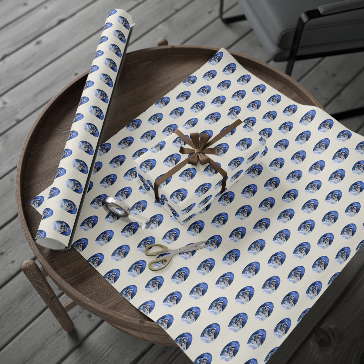 Madonna and Child Wrapping Paper | Blue Ovals over Ivory Ground