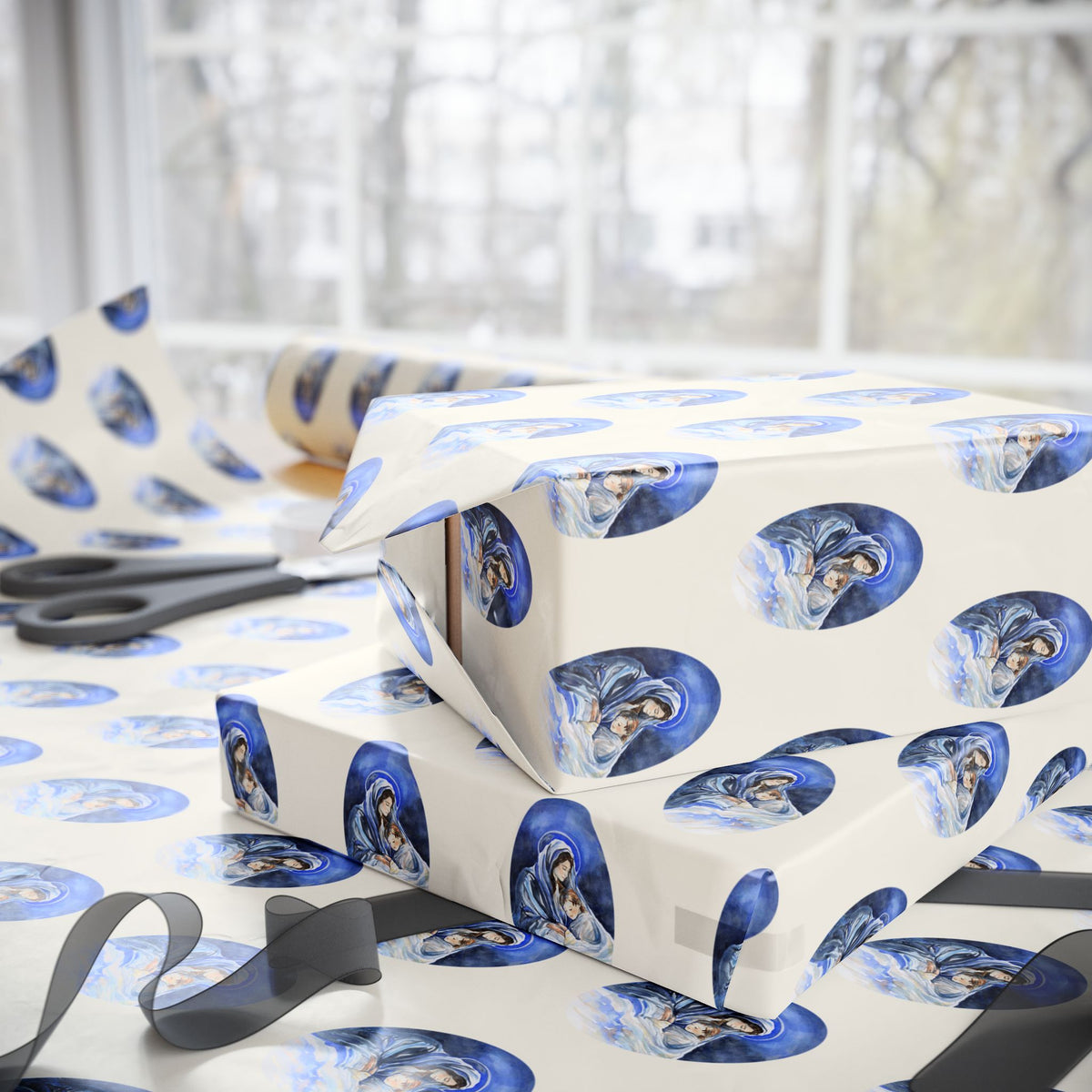 Madonna and Child Wrapping Paper | Blue Ovals over Ivory Ground