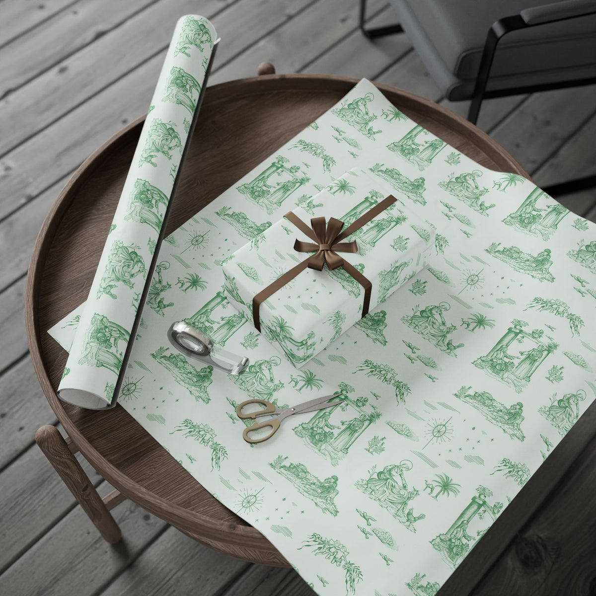 Nativity Toile Fine Art Christmas Wrapping Paper | Woodland Green