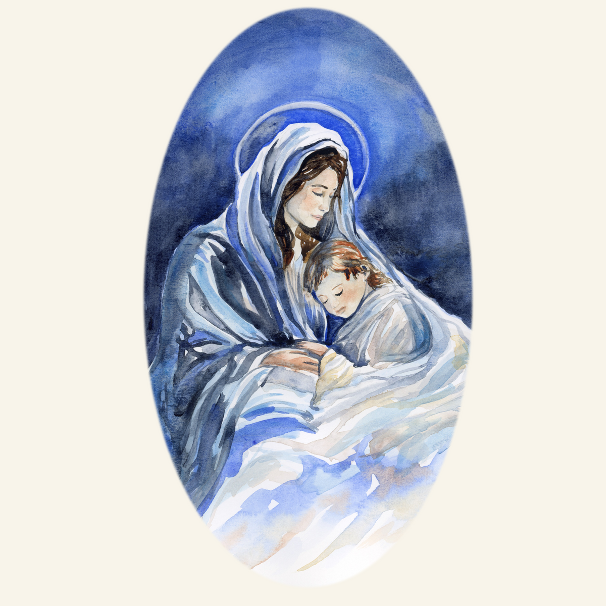 Madonna and Child Wrapping Paper | Blue Ovals over Ivory Ground
