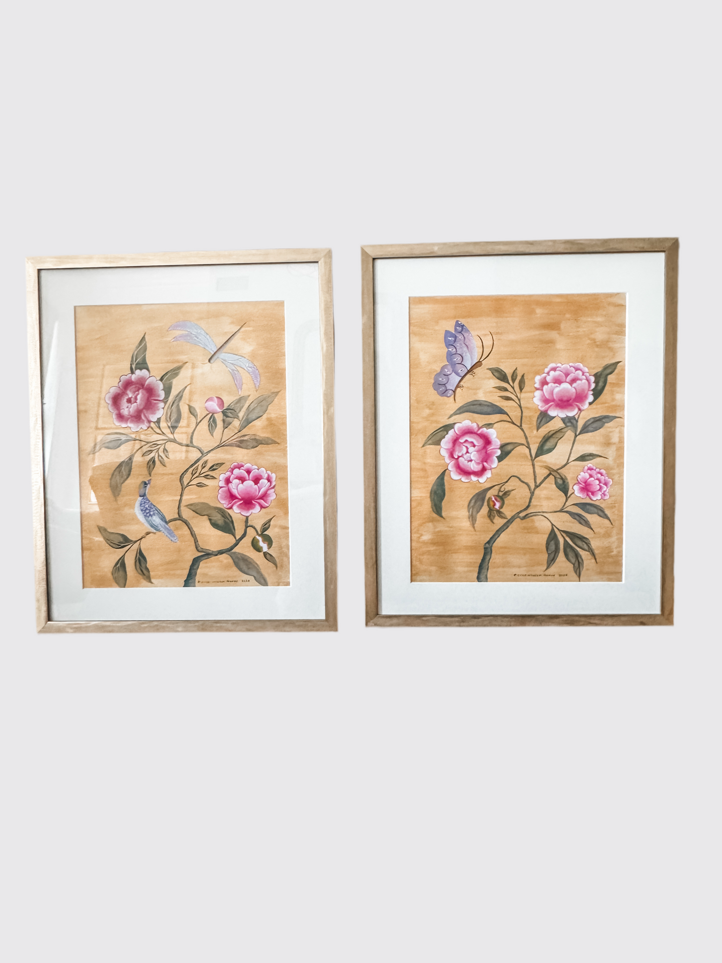 Chinoiserie Pink Peonies with Butterfly over Gold
