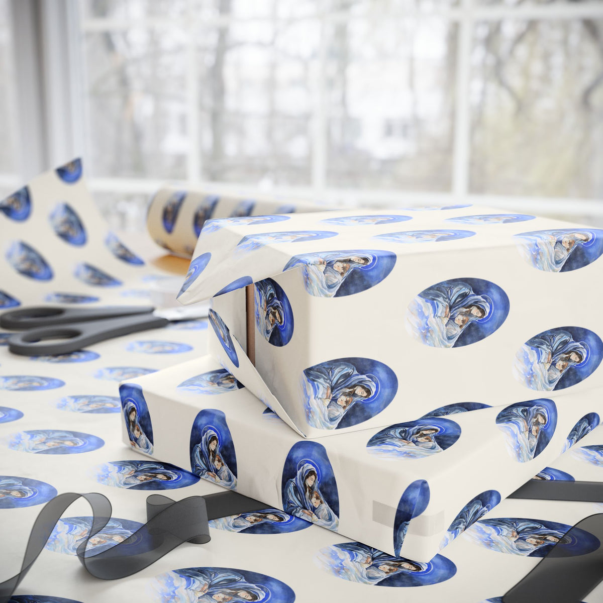 Madonna and Child Wrapping Paper | Blue Ovals over Ivory Ground