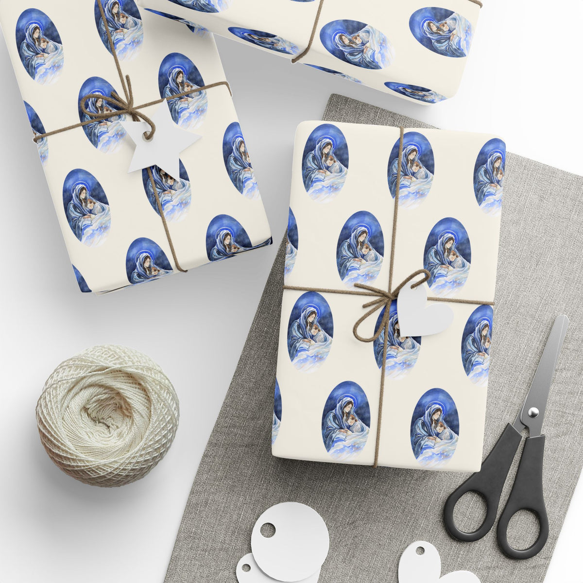 Madonna and Child Wrapping Paper | Blue Ovals over Ivory Ground