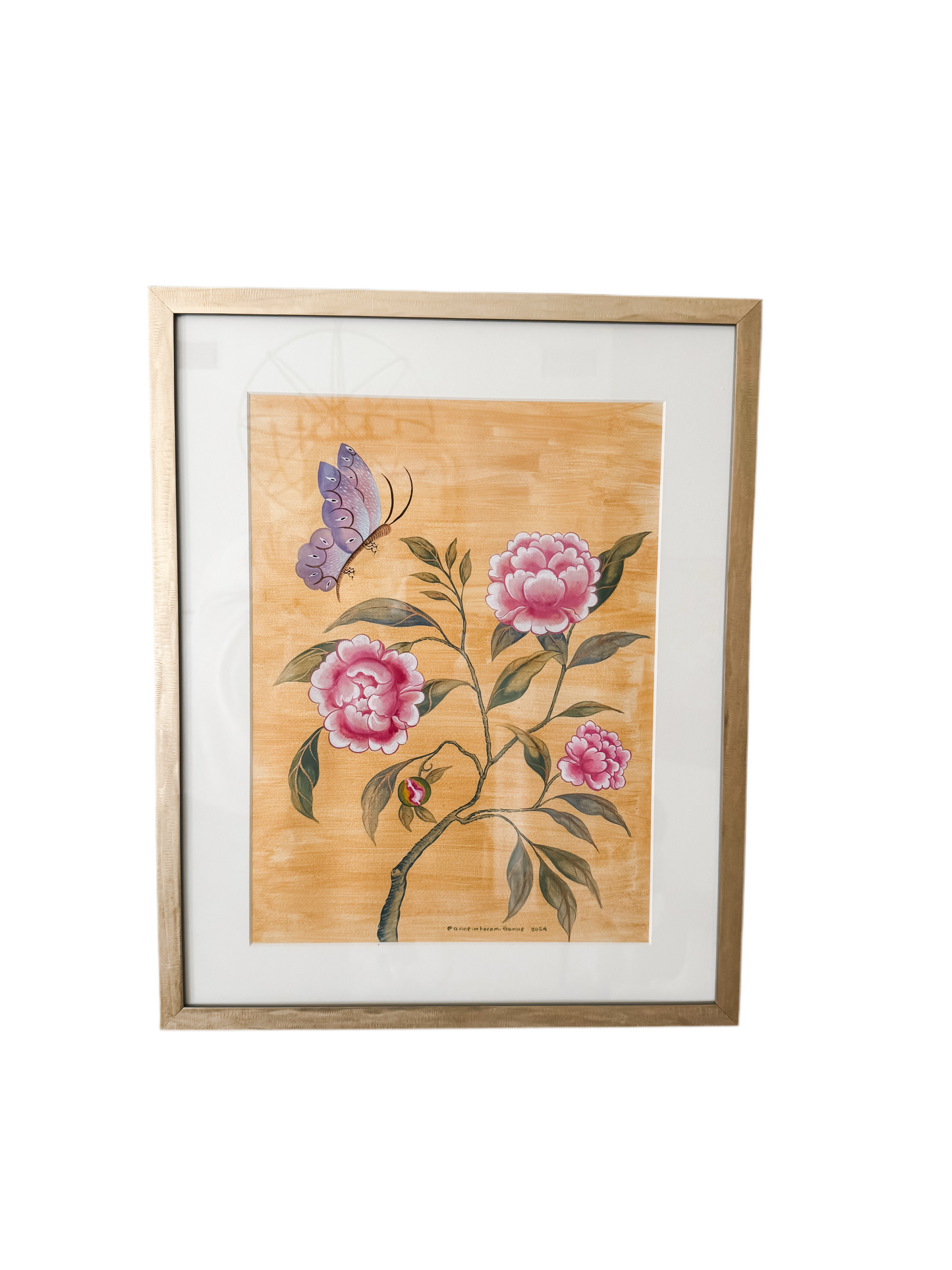 Chinoiserie Pink Peonies with Butterfly over Gold