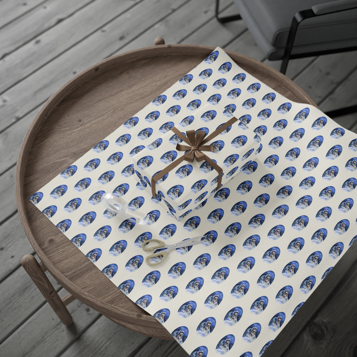 Madonna and Child Wrapping Paper | Blue Ovals over Ivory Ground
