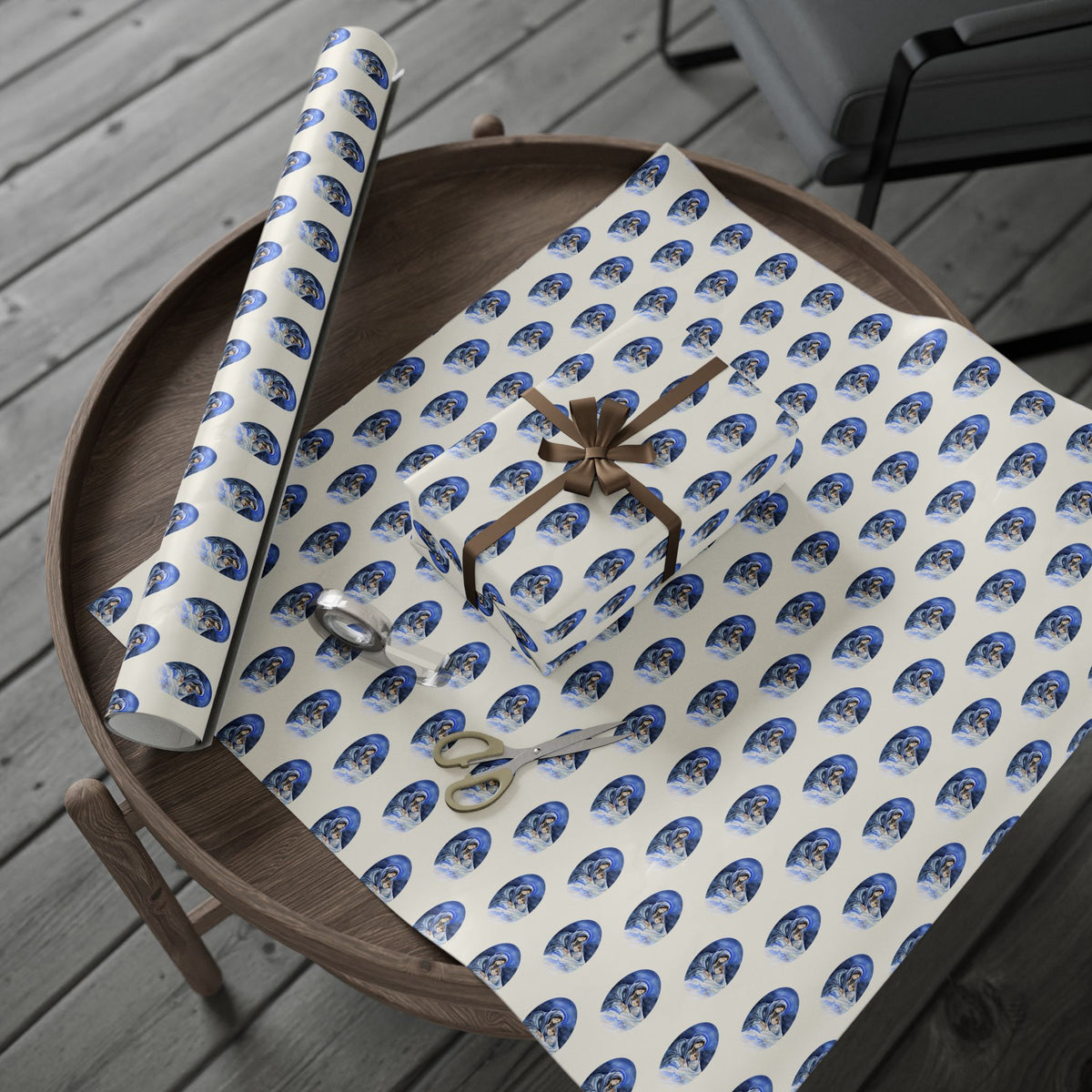 Madonna and Child Wrapping Paper | Blue Ovals over Ivory Ground