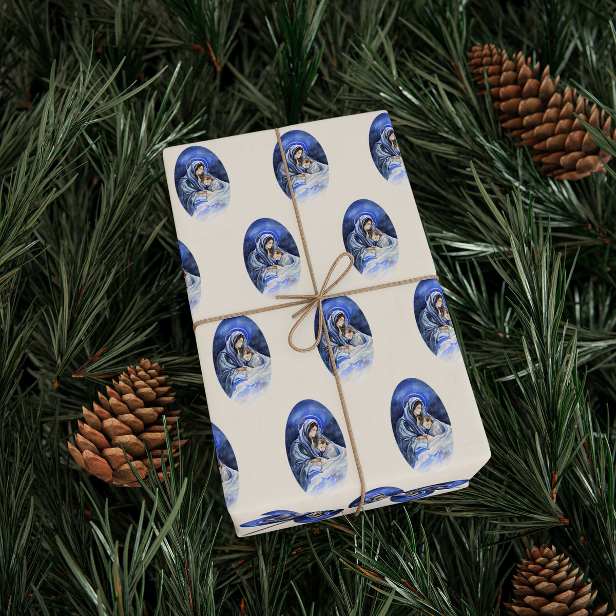 Madonna and Child Wrapping Paper | Blue Ovals over Ivory Ground