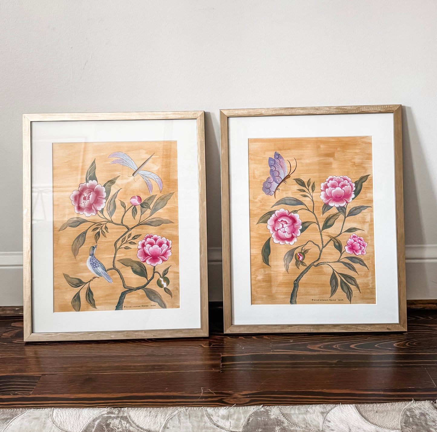 Chinoiserie Pink Peonies with Butterfly over Gold