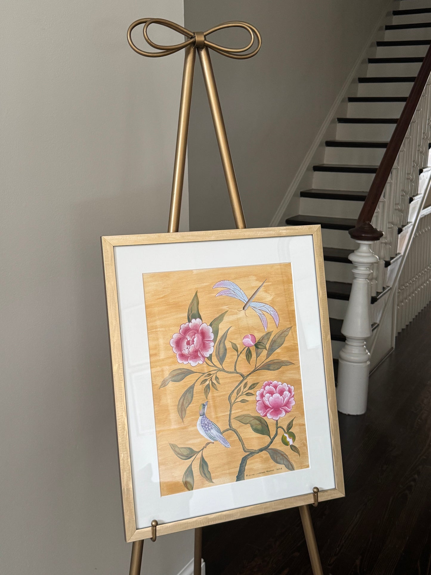 Chinoiserie Pink Peonies with Bird over Gold