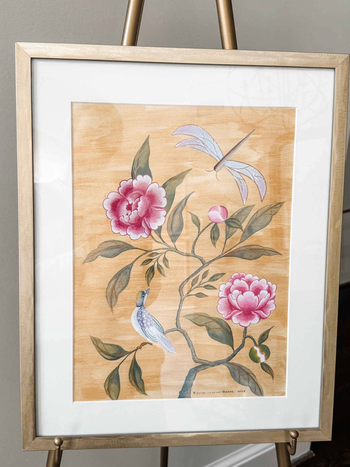 Chinoiserie Pink Peonies with Bird over Gold