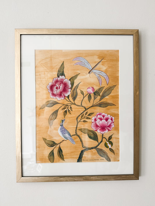 Chinoiserie Pink Peonies with Bird over Gold