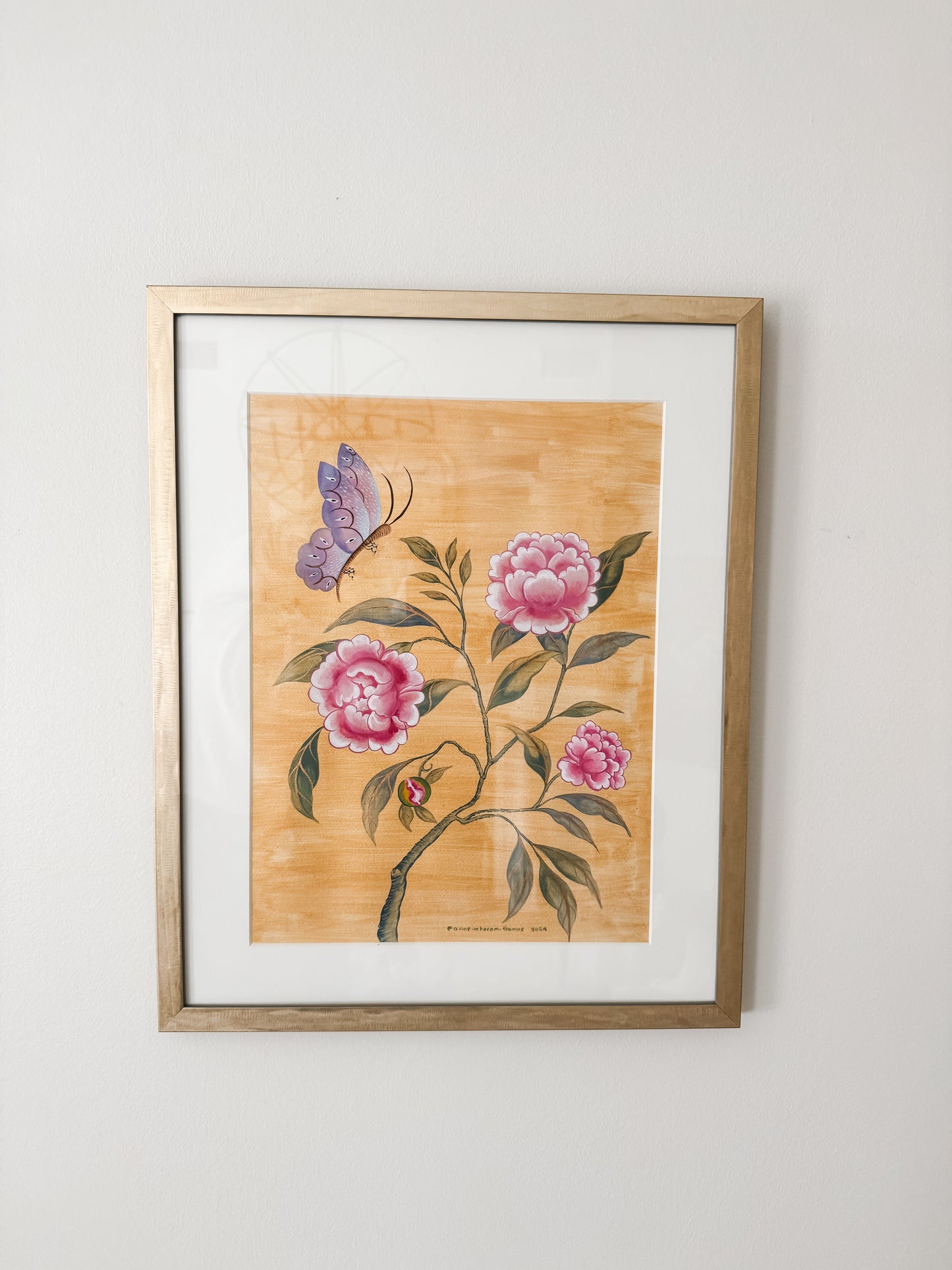 Chinoiserie Pink Peonies with Butterfly over Gold