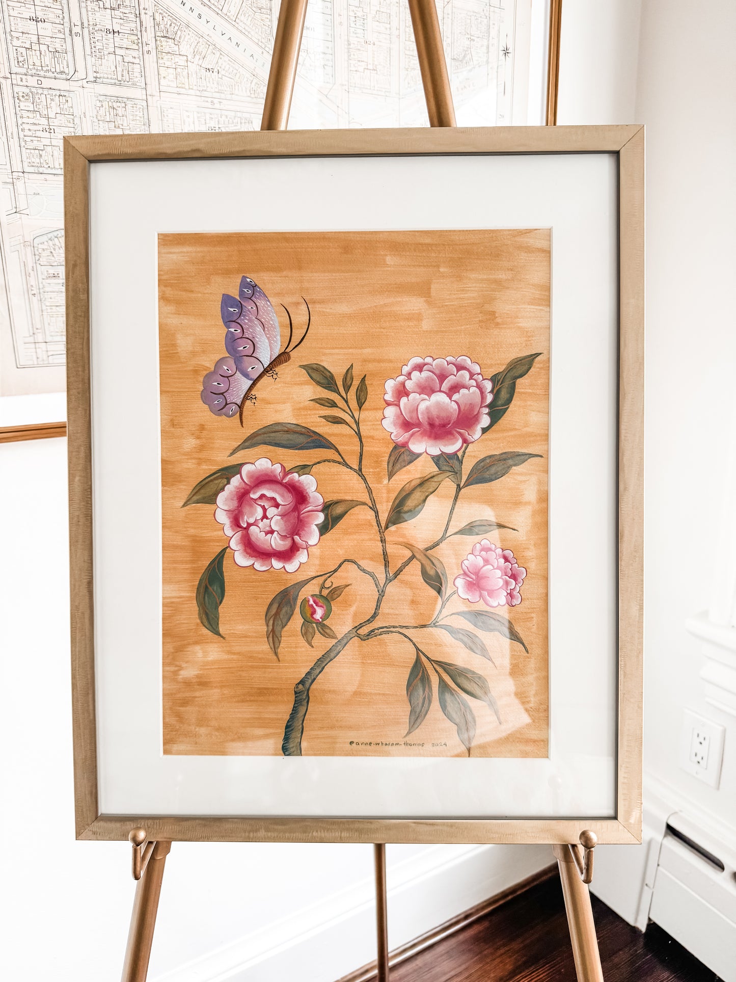 Chinoiserie Pink Peonies with Butterfly over Gold