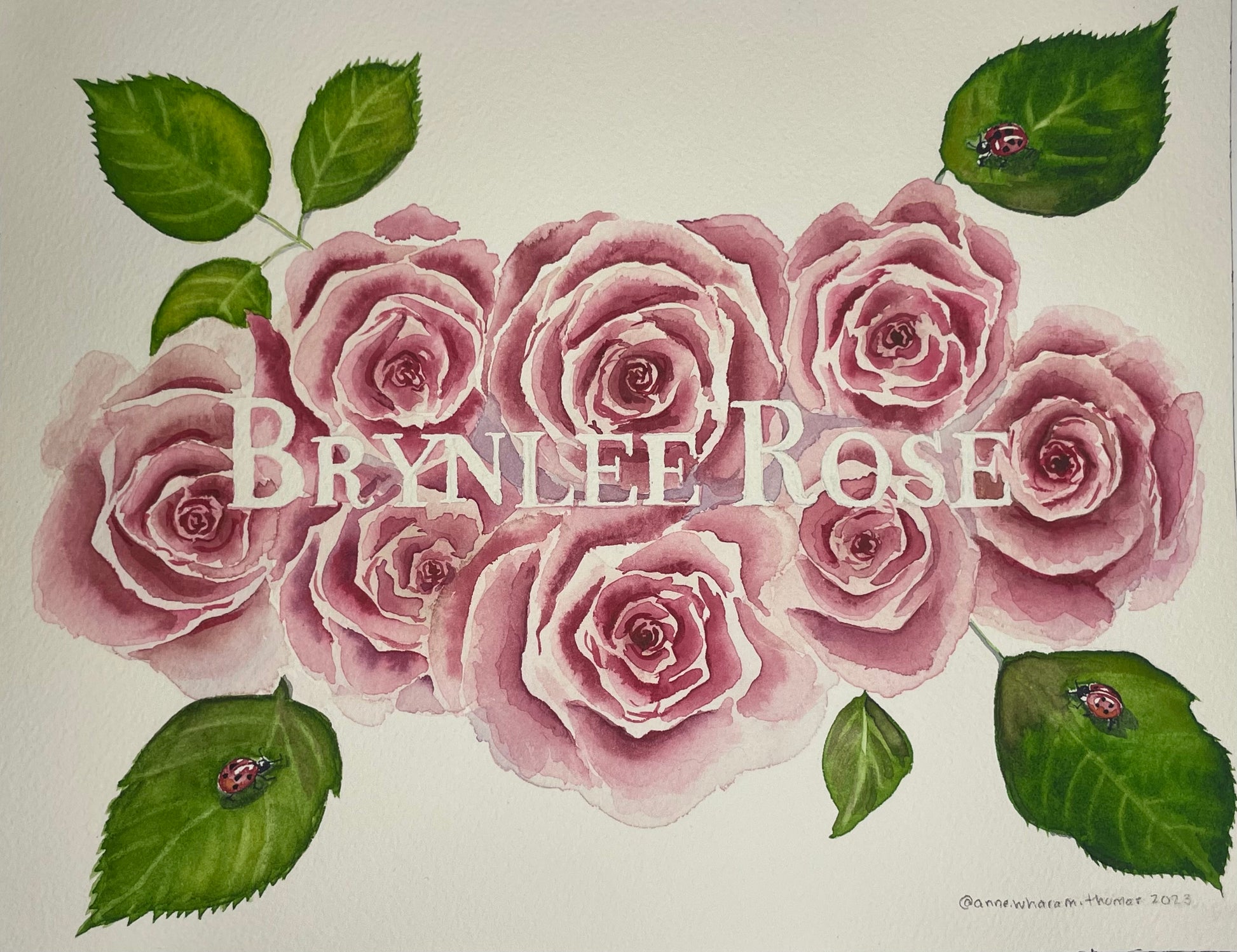 The name Brynlee Rose appears amidst a background of roses, foliage and three ladybugs.  Nursery art.