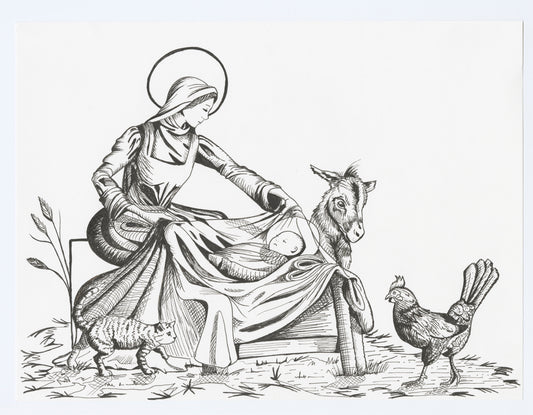 Mary and Baby Jesus Ink Drawing