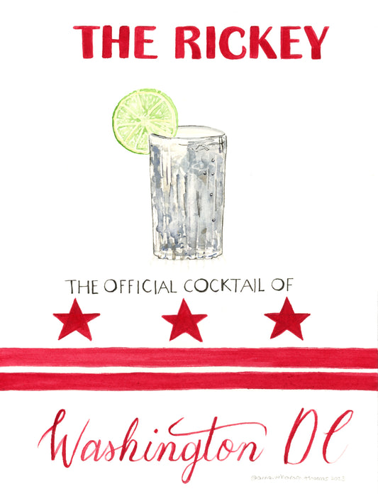 Fine art print for 'The Rickey' cocktail, featuring a glass with a lime wedge on a white background. celebrating Washington DC's vibrant cocktail scene.